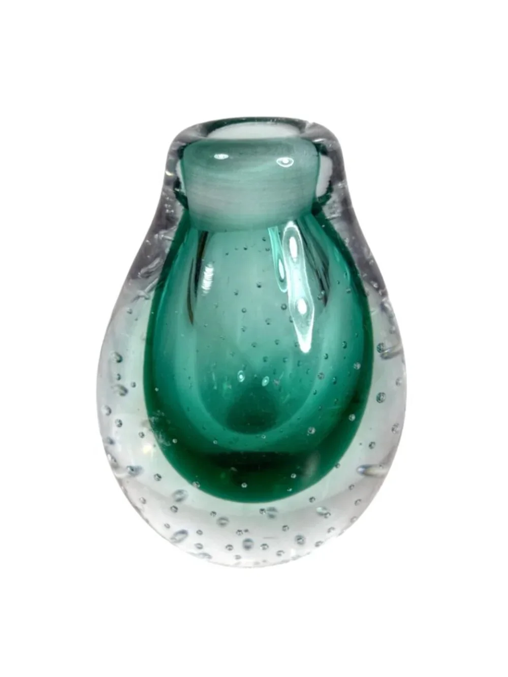 Small Teardrop Teal Green and Clear Glass Controlled Bubble Art Vase Paperweight